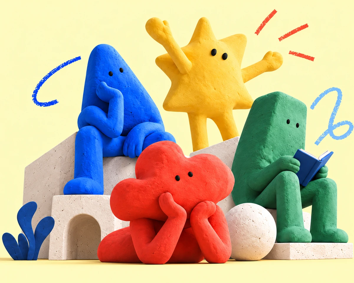 Four colorful clay characters, each enjoying the world in their own way